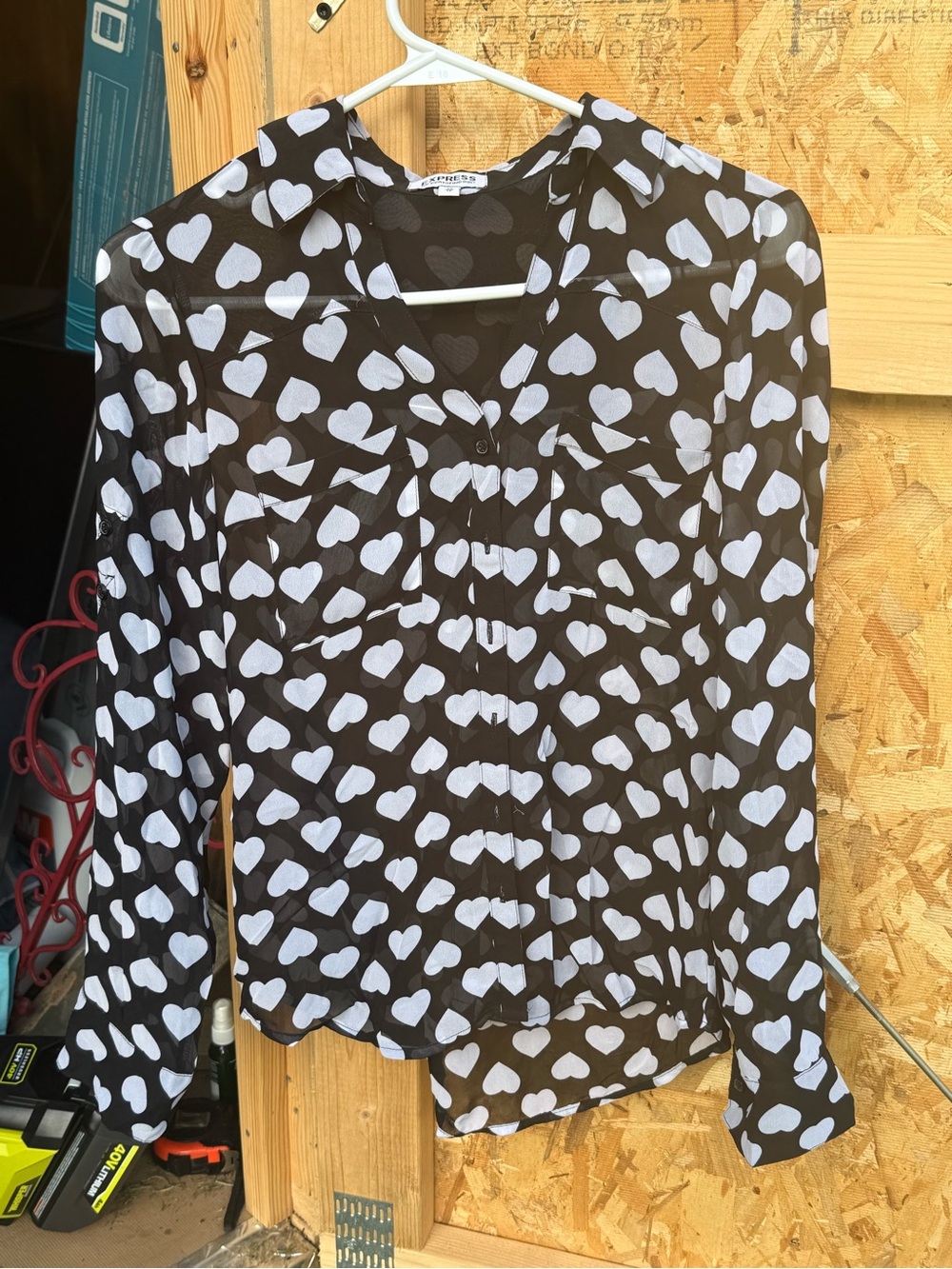 Black Heart-Print Button Front Blouse